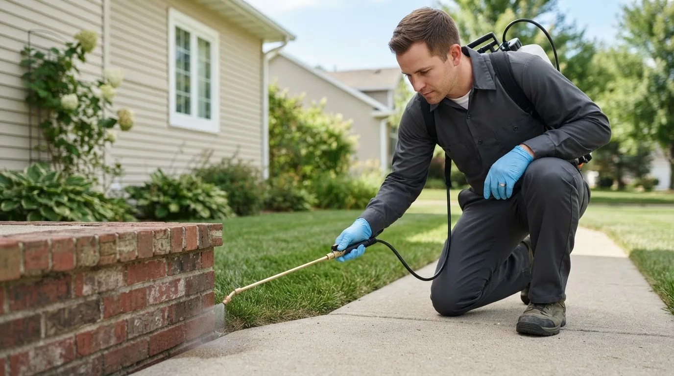 Pest control technician treating a home near Morrisville, PA